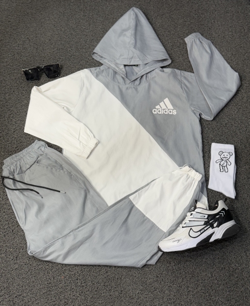 ست هودی و اسلش حراجی میکرو ADIDAS طوسی روشن